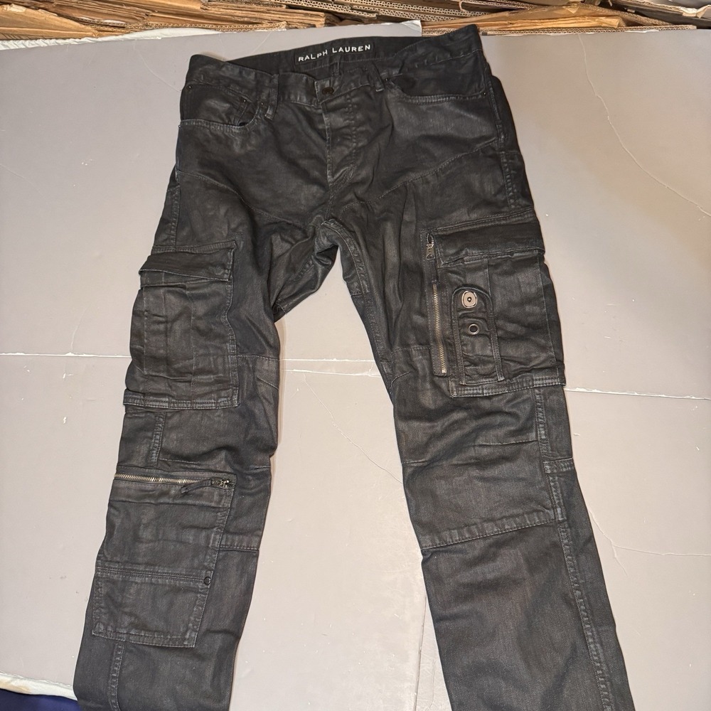 Ralph Lauren Black Label Waxed Biker Cargo Jeans 34 (33x29) Tactical Moto Button